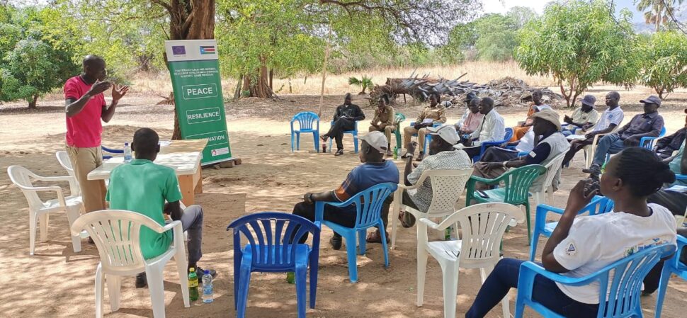 Community members attend an outdoor peacebuilding meeting focused on dialogue and conflict resolution in South Sudan.